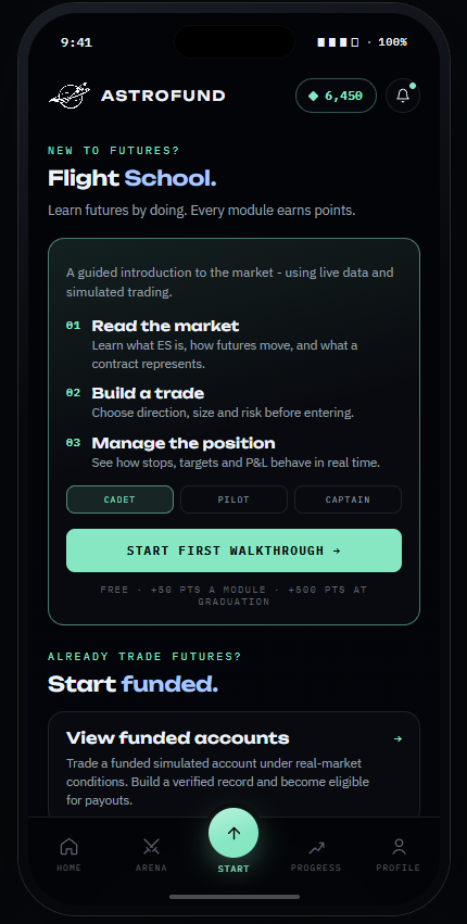 Flight School onboarding and funded account start screen